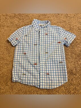Janie & Jack Blue Gingham Short-Sleeve Button-Down Shirt fish Embroidery size 5